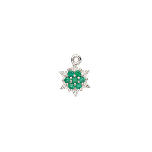 Charm, sterling silver and cubic zirconia, green, 8mm snowflake. Sold individually.
