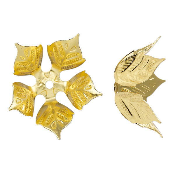 Bead cap, gold-finished copper, 24x11mm leaves, fits 14-16mm round bead. Sold per pkg of 4. image number 0