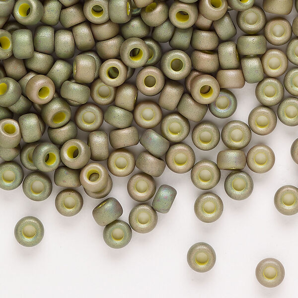 Seed bead, Miyuki, 1pkg250g, glass, #6 rocaille, opaque matte rainbow light olive (RR-2033) image number 0