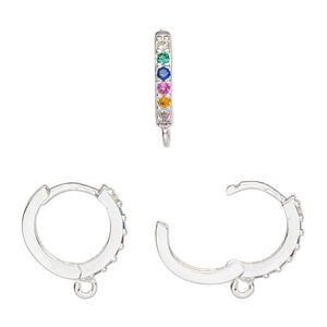 Hoop, silver-finished brass / glass / cubic zirconia, multicolored, 15mm hoop, 17 gauge. Sold per pair.