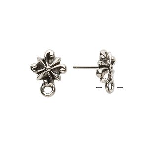 Earstud 1pkg4 antique silver-plated pewter (tin-based alloy), 11mm radiating swirl / closed loop, stainless steel 2 pair
