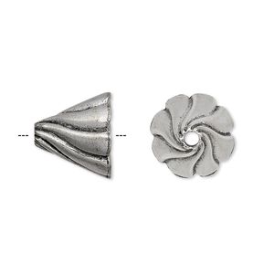 Cone, antiqued pewter (tin-based alloy), 13x12mm with swirl design, fits 12-14mm bead. Sold per pkg of 2.