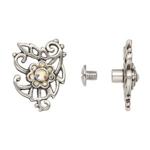 Component, glass with antiqued silver-finished steel and "pewter" (zinc-based alloy), clear AB, 20x15mm flower with screw fastener. Sold individually.