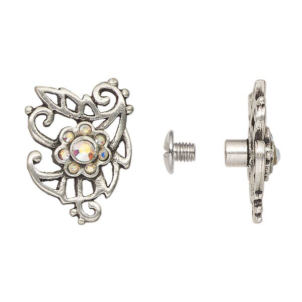 Component, glass with antiqued silver-finished steel and "pewter" (zinc-based alloy), clear AB, 20x15mm flower with screw fastener. Sold individually. image number 0