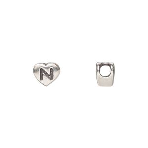 Bead, sterling silver, 7.5x7mm heart with alphabet letter "N." Sold individually.