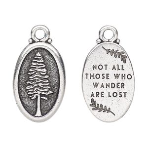 Charm, TierraCast®, antique silver-plated pewter (tin-based alloy), 26x16mm 2-sided oval with redwood and "Not all those who wander are lost." Sold per pkg of 20.