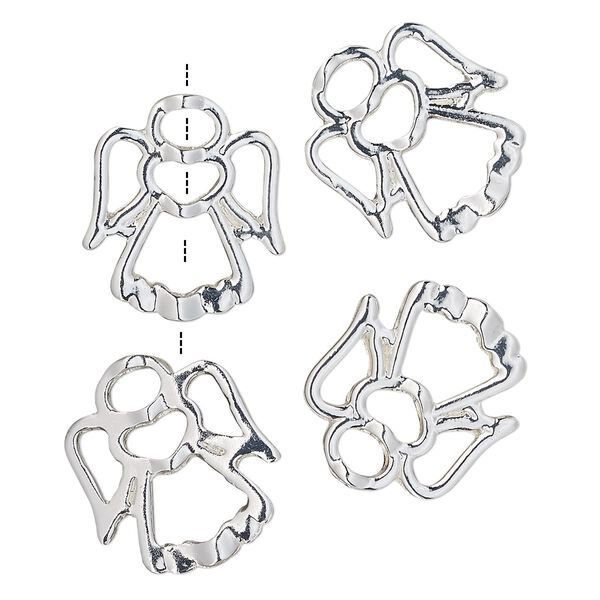 Bead frame, silver-finished "pewter" (zinc-based alloy), 18x16mm angel, fits up to 2mm / 3mm / 5mm bead. Sold per pkg of 4. image number 0