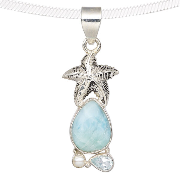 Pendant, larimar (natural) / sky blue topaz (irradiated) / cultured freshwater pearl (bleached) / antiqued sterling silver, 32x15mm with starfish and teardrop. Sold individually. image number 0