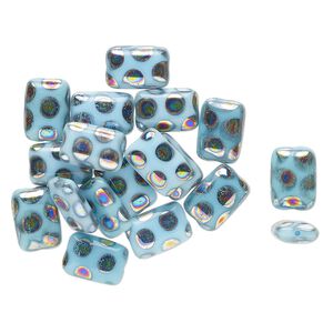 Bead, Czech pressed glass, opaque and translucent light blue and metallic multicolored, 12x8mm puffed rectangle with dot design. Sold per pkg of 18.
