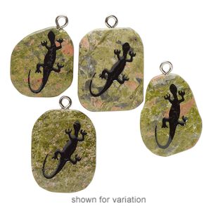 Focal, silver-finished steel / unakite (natural) / enamel, black, 30x25mm-36x28mm freeform with lizard, Mohs hardness 6-7. Sold individually.