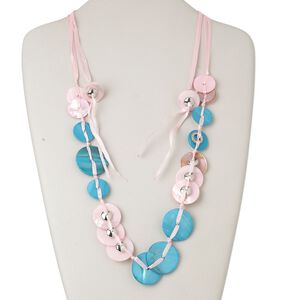 Necklace, freshwater pearl shell (dyed) / ribbon / silver-coated plastic, blue and pink, flat round, adjustable from 16-40 inches with macramé tie closure. Sold individually.