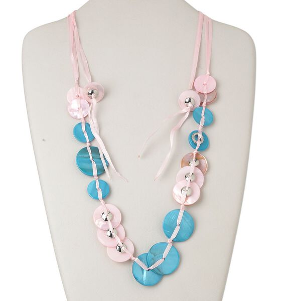 Necklace, freshwater pearl shell (dyed) / ribbon / silver-coated plastic, blue and pink, flat round, adjustable from 16-40 inches with macramé tie closure. Sold individually. image number 0
