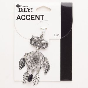 Focal, "pewter" (zinc-based alloy) / steel / acrylic, pkg/1, silver finish and black, 64x40mm dreamcatcher owl.