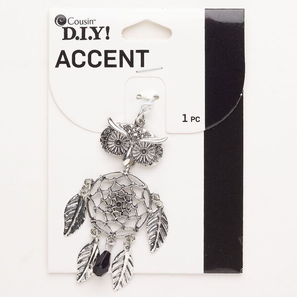 Focal, "pewter" (zinc-based alloy) / steel / acrylic, pkg/1, silver finish and black, 64x40mm dreamcatcher owl. image number 0
