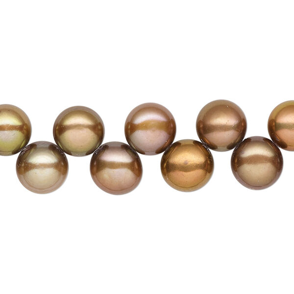 Pearl, cultured freshwater (dyed), copper, 7-8mm top-drilled flat-sided round with 0.4-0.5mm hole, B grade, Mohs hardness 2-1/2 to 4. Sold per 14-inch strand. image number 0