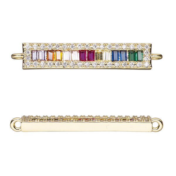 Link, cubic zirconia and gold-finished brass, multicolored, 27.5x5.5mm single-sided flat bar. Sold individually. image number 0