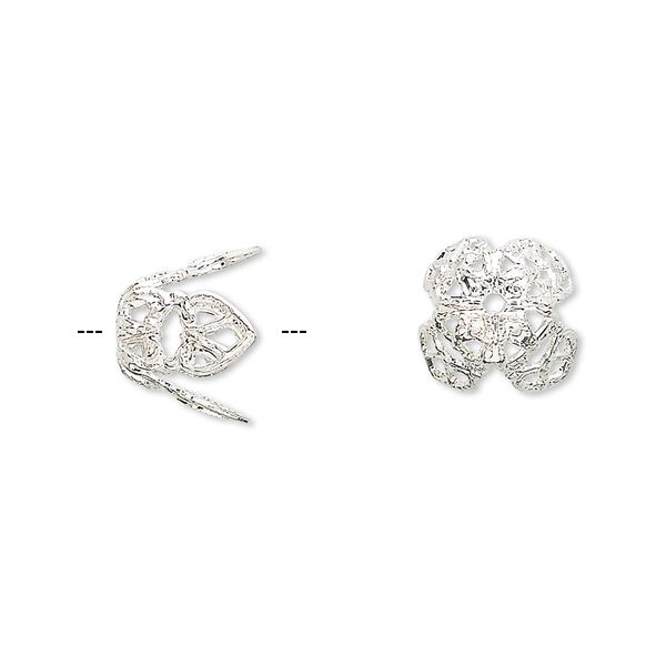 Bead cap, silver-plated brass, 11x10mm long filigree, fits 12-14mm bead. Sold per pkg of 10. image number 0