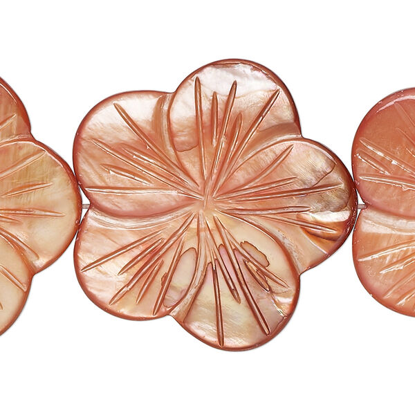 Bead, mother-of-pearl shell (dyed), copper, 29x28mm-31x30mm carved flat flower, 0.6-0.8mm hole, Mohs hardness 3-1/2. Sold per 15-1/2" to 16" strand. image number 0