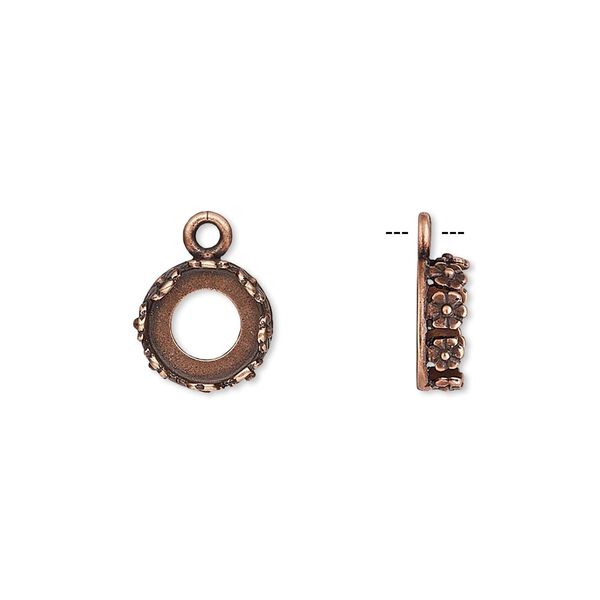 Drop, JBB Findings, antique copper-plated brass, 10mm round with open back and flower design trim, 8mm round bezel setting. Sold per pkg of 2. image number 0