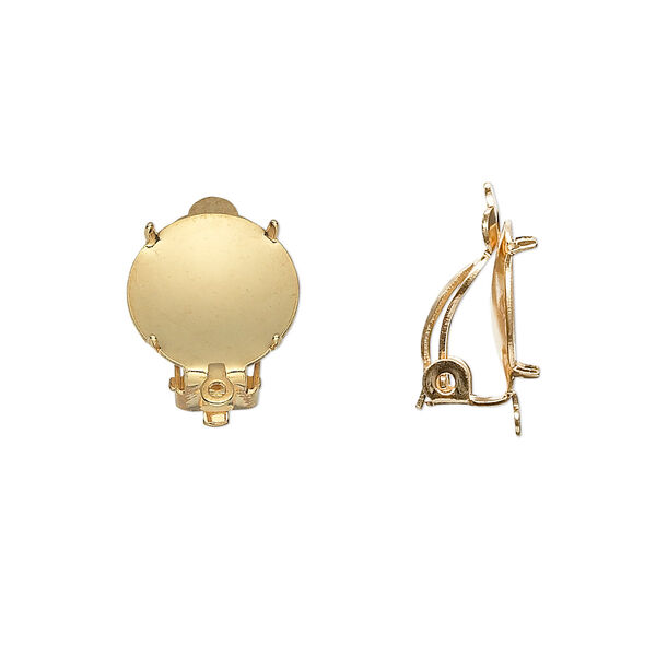 Earring, clip-on, gold-plated brass and steel, 13mm round flat pad with 12mm 4-prong round setting and closed loop. Sold per pkg of 10 pairs. image number 0