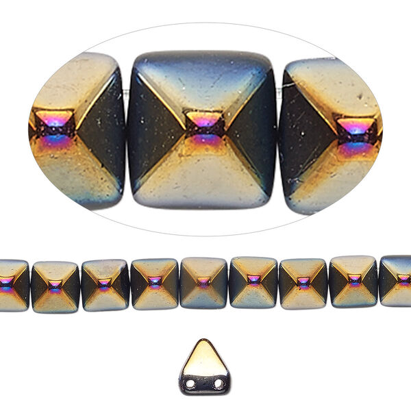 Spacer, Preciosa, Czech pressed glass, opaque black magenta gold, 6x6x7mm 2-strand pyramid, fits up to 3mm bead. Sold per 8-inch strand, approximately 30 spacers. image number 0