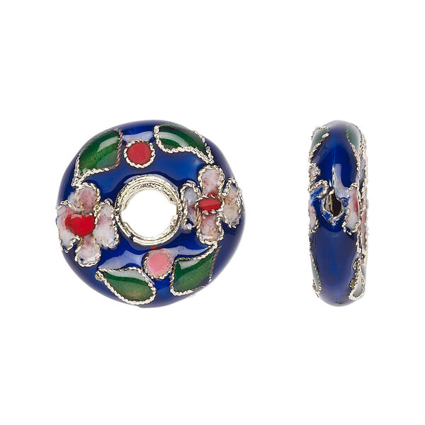 Bead, cloisonné, enamel and gold-finished brass, cobalt and multicolored, 20mm round donut with flower design. Sold per pkg of 4. image number 0