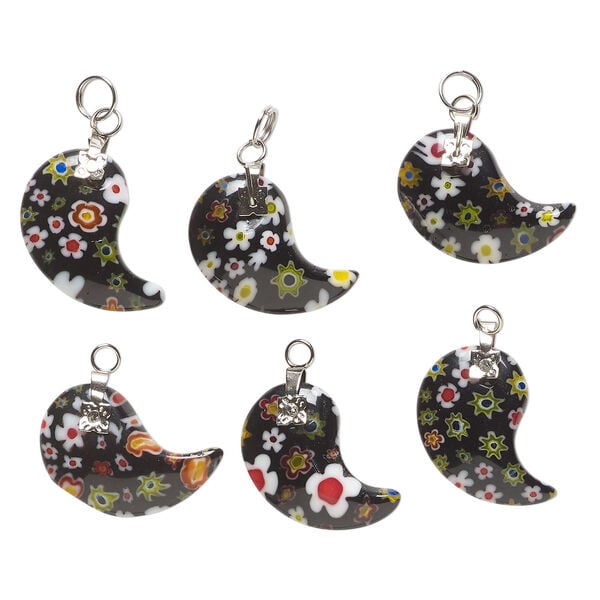 Drop, millefiori glass and silver-finished steel 1pkg6, opaque black and multicolored, 23x18mm-24x20mm paisley. image number 0