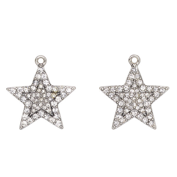 Charm, antique silver finish "pewter" (zinc-based alloy) and glass, clear, 25x24mm star. Sold per pkg of 2. image number 0