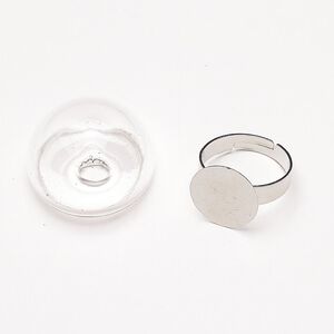 Ring, adjustable, steel and glass, pkg/2, 8mm flat pad, antique silver finish and clear.