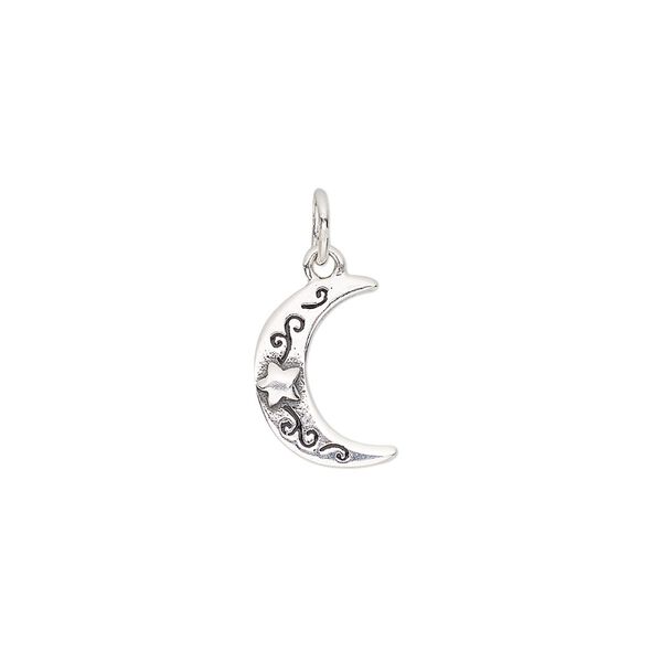 Charm, antiqued sterling silver, 13x9mm single-sided moon with star design. Sold individually. image number 0