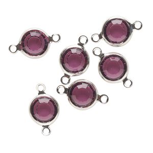 Link, VINTAGE Crystal™, crystal and imitation rhodium-finished brass, amethyst, 9mm round. Sold per pkg of 6.