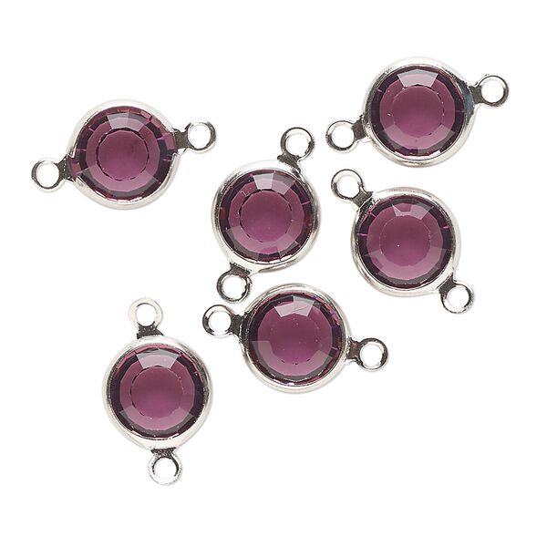 Link, VINTAGE Crystal™, crystal and imitation rhodium-finished brass, amethyst, 9mm round. Sold per pkg of 6. image number 0