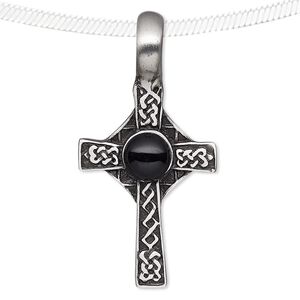 Pendant, acrylic and antiqued pewter (tin-based alloy), black, 46x23mm Celtic cross. Sold individually.