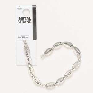 Bead, antique silver-finished "pewter" (zinc-based alloy), 14x8mm double-sided flat oval with "believe"/ "blessed"/ "dream" / "loved". Sold per 7-inch strand, approximately 10 beads.