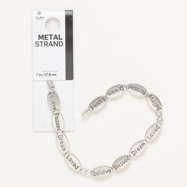 Bead, antique silver-finished "pewter" (zinc-based alloy), 14x8mm double-sided flat oval with "believe"/ "blessed"/ "dream" / "loved". Sold per 7-inch strand, approximately 10 beads. image number 0