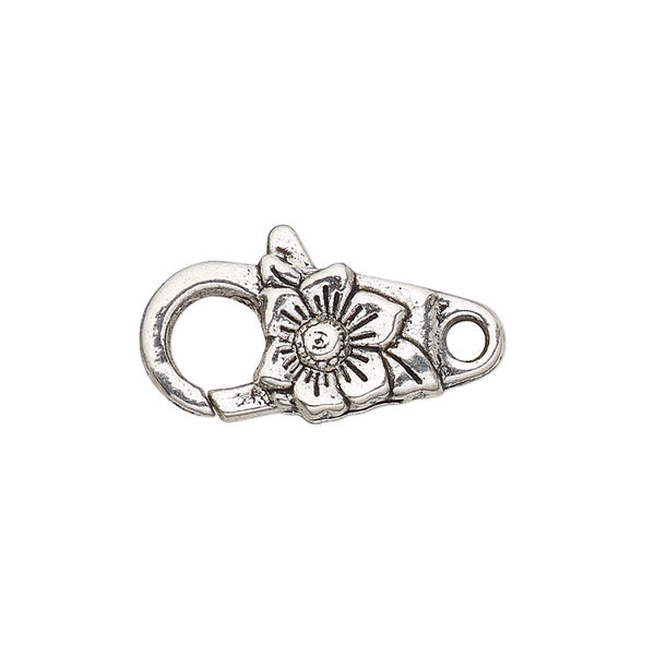 Clasp, lobster claw, antique silver-plated "pewter" (zinc-based alloy), 24x10.5mm with double-sided flower design. Sold per pkg of 6. image number 0