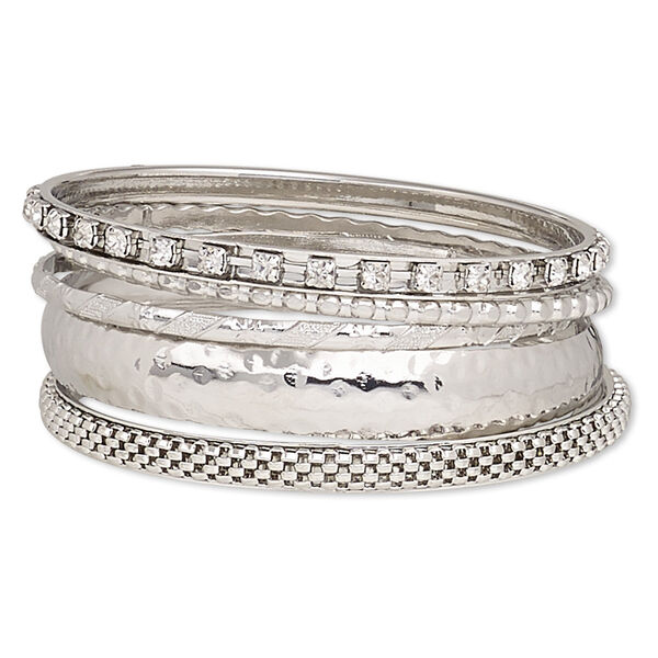 Bracelet, bangle, glass rhinestone and imitation rhodium-finished steel, clear, 3-12mm wide, 8 inches. Sold per 5-piece set. image number 0