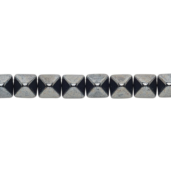 Spacer, Preciosa, Czech pressed glass, opaque hematite, 6x6x7mm 2-strand pyramid, fits up to 3mm bead. Sold per 8-inch strand, approximately 30 spacers. image number 0