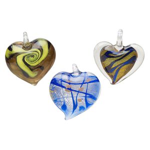 Random focal mix, lampworked glass, translucent blue and multicolored, 40x37mm-49x47mm domed heart with copper-colored glitter and silver-colored foil. Sold per pkg of 3.