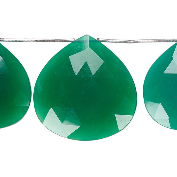 Bead, green onyx (dyed), 25x25mm-28x28mm hand-cut top-drilled faceted puffed teardrop, B grade, Mohs hardness 6-1/2 to 7. Sold per pkg of 3 beads. image number 0