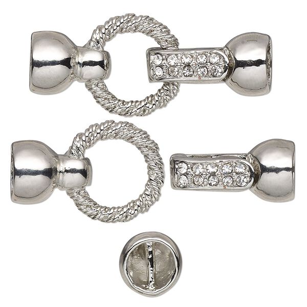 Clasp, magnetic, glass rhinestone and silver-plated "pewter" (zinc-based alloy), clear, 36.5x16mm twisted ring and (2) 6.5mm glue-in end caps. Sold individually. image number 0