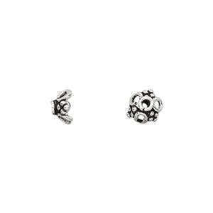 Bead cap, antiqued sterling silver, 7x4mm open flower, fits 7-9mm bead. Sold per pkg of 6.