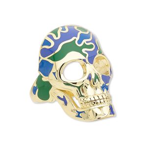 Ring, Avant-Garde Jewelry Collection, enamel and gold-plated brass, green and blue, 33x22mm skull, size 8-1/2. Sold individually.