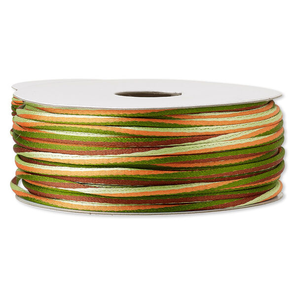 Cord, Satinique™, nylon, brown / greens / orange, 2mm regular with vertical stripe. Sold per 100-foot spool. image number 0