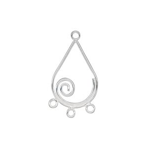 Drop, sterling silver, 20x13mm teardrop with spiral and 3 loops. Sold per pkg of 2.