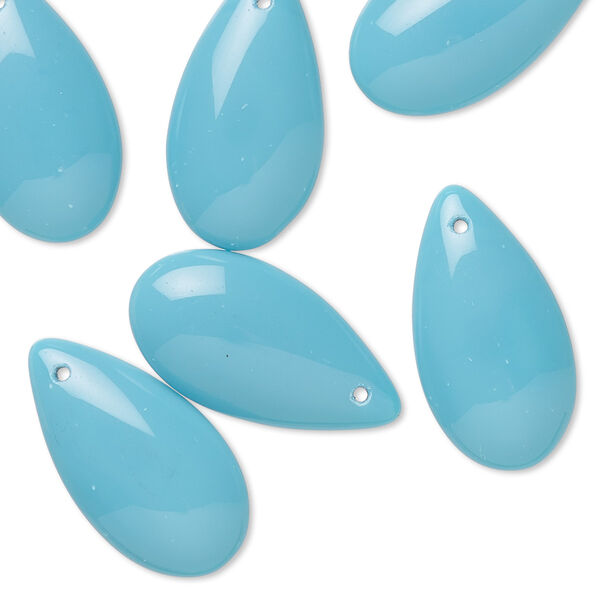 Drop, Preciosa, Czech pressed glass, opaque light Maya blue, 21x11mm puffed teardrop. Sold per pkg of 6. image number 0