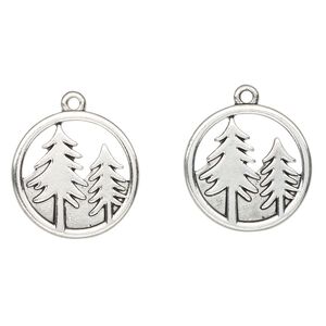 Charm, antique silver-finished "pewter" (zinc-based alloy), 23mm round with tree cutout. Sold per pkg of 2.