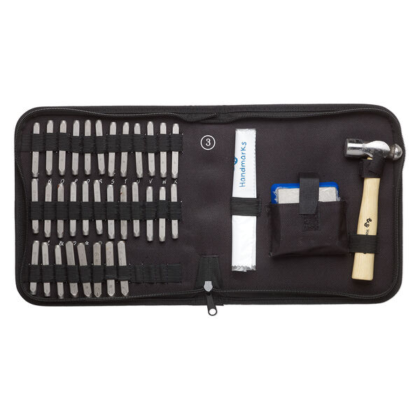 Stamp punch set 1pkg36, steel / wood / cloth, multicolored, alphabet letters A-Z / multiple symbols / ball peen hammer / steel block. image number 0