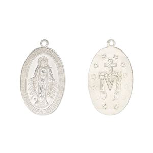 Drop, sterling silver, 19x13mm two-sided oval with Mother Mary. Sold individually.