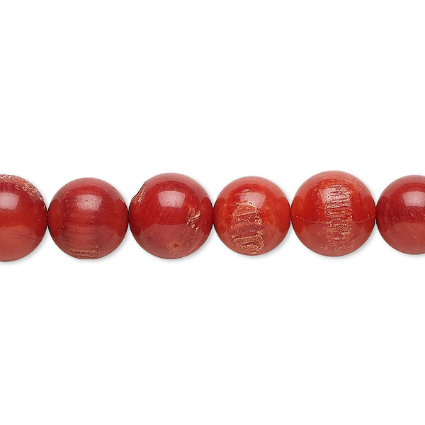 Bead, bamboo coral (dyed), medium to dark red, 7-8mm round, C grade, Mohs hardness 3-1/2 to 4. Sold per 16-inch strand. image number 0